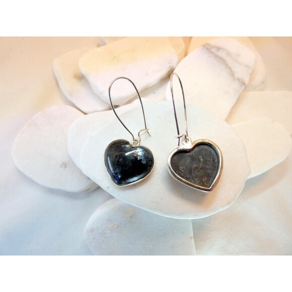 Natural Larvikite Black Moonstone Sterling Silver Earrings Heart Shaped Handmade - Picture 6 of 6